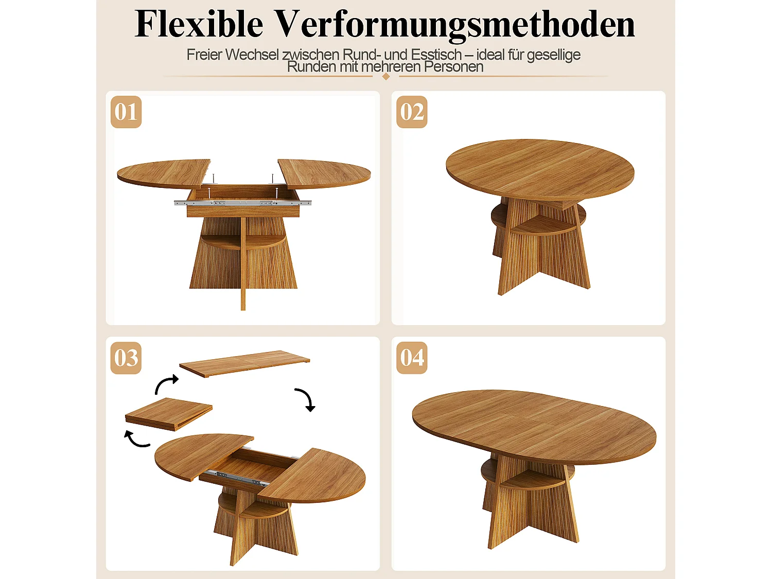Runder ausziehbarer Esstisch oval 110-150 cm - offener Stauraum - verdickte Tischplatte - Braun