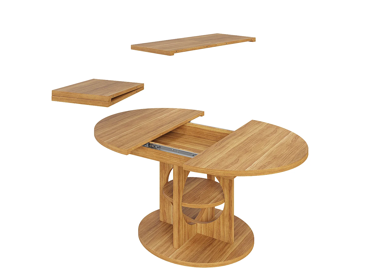 Runder ausziehbarer Esstisch oval 110-150 cm - mit offenen Regalen - Braun