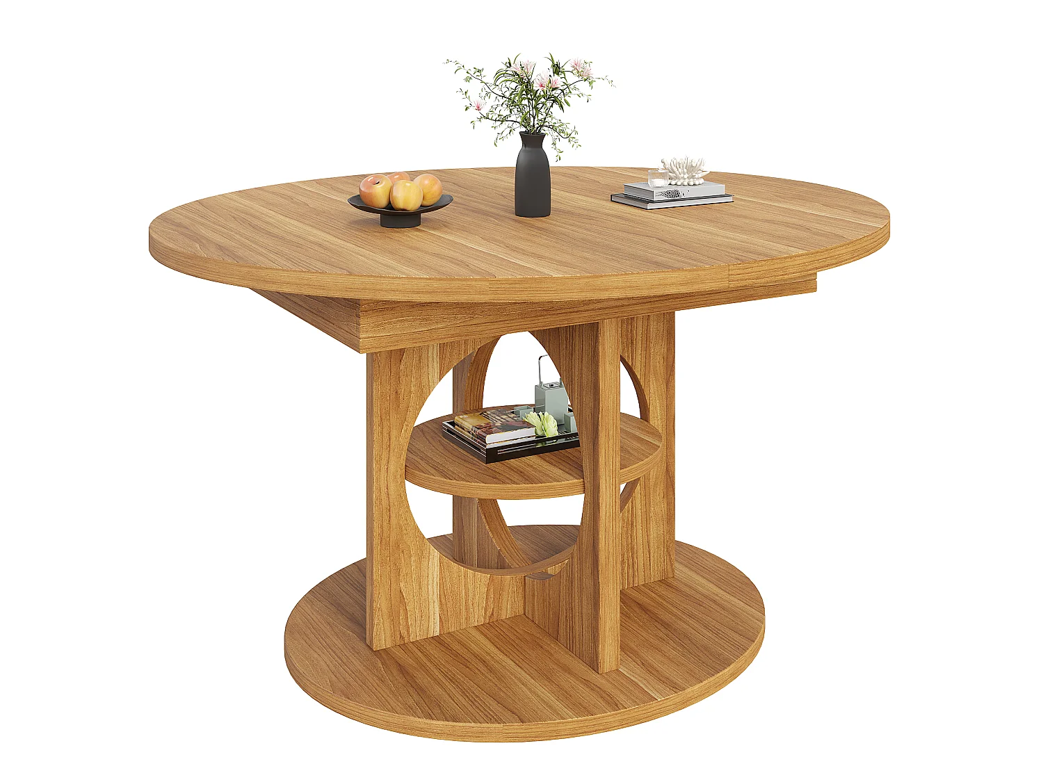 Runder ausziehbarer Esstisch oval 110-150 cm - mit offenen Regalen - Braun