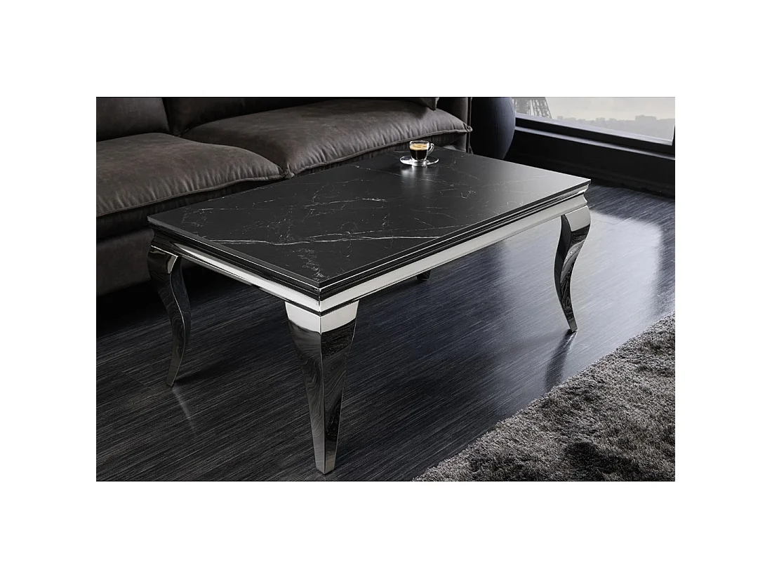Table basse VELENA 100 cm effet marbre noir en pierre frittée – Pieds galbés argentés
