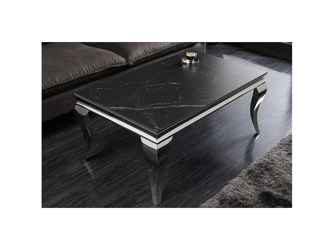 Table basse VELENA 100 cm effet marbre noir en pierre frittée – Pieds galbés argentés