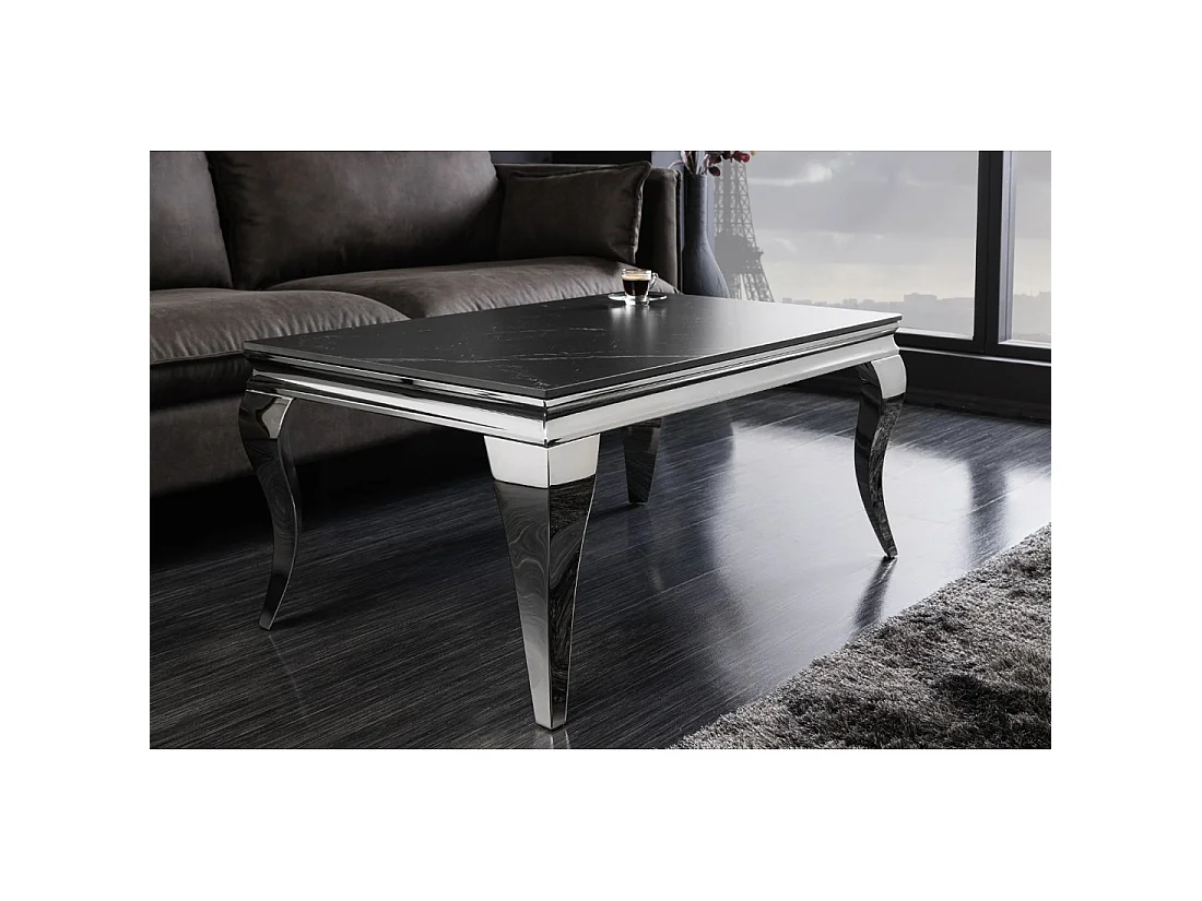 Table basse VELENA 100 cm effet marbre noir en pierre frittée – Pieds galbés argentés