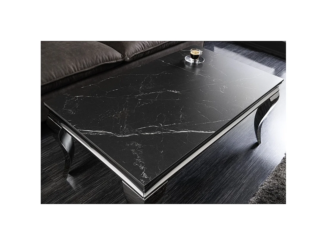 Table basse VELENA 100 cm effet marbre noir en pierre frittée – Pieds galbés argentés