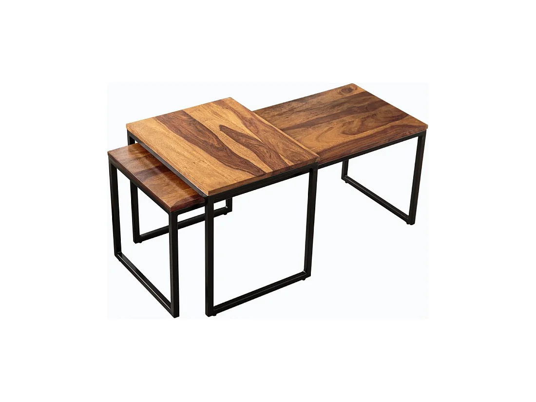 Mesas bajas apilables VORTEX de madera maciza Sheesham y metal negro – lote de 2 mesas diseño industrial