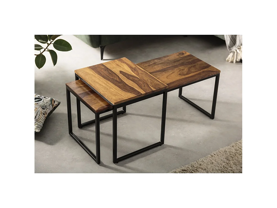 Mesas bajas apilables VORTEX de madera maciza Sheesham y metal negro – lote de 2 mesas diseño industrial