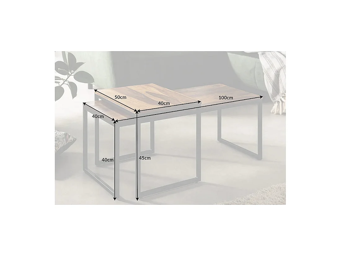 Mesas bajas apilables VORTEX de madera maciza Sheesham y metal negro – lote de 2 mesas diseño industrial