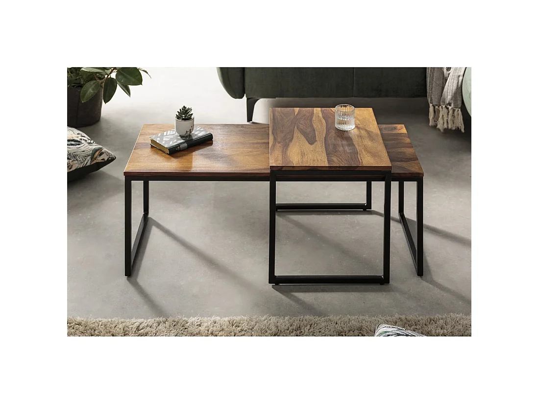 Mesas bajas apilables VORTEX de madera maciza Sheesham y metal negro – lote de 2 mesas diseño industrial