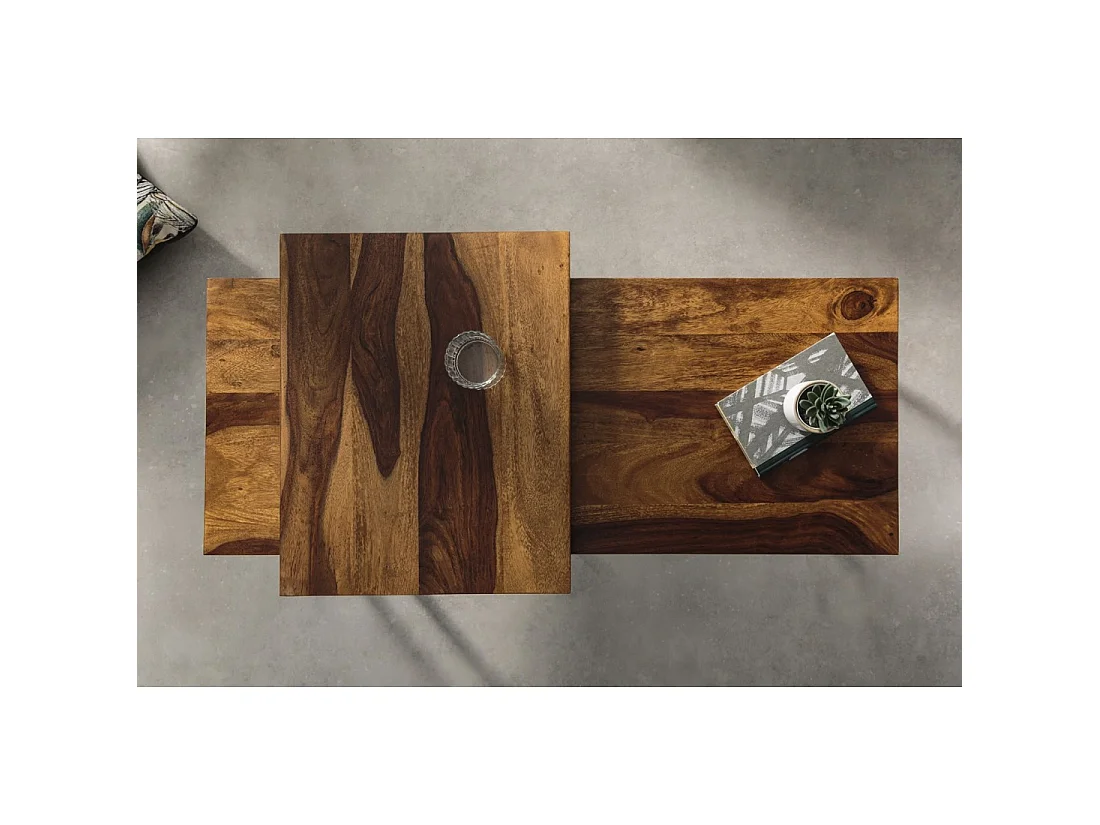 Mesas bajas apilables VORTEX de madera maciza Sheesham y metal negro – lote de 2 mesas diseño industrial