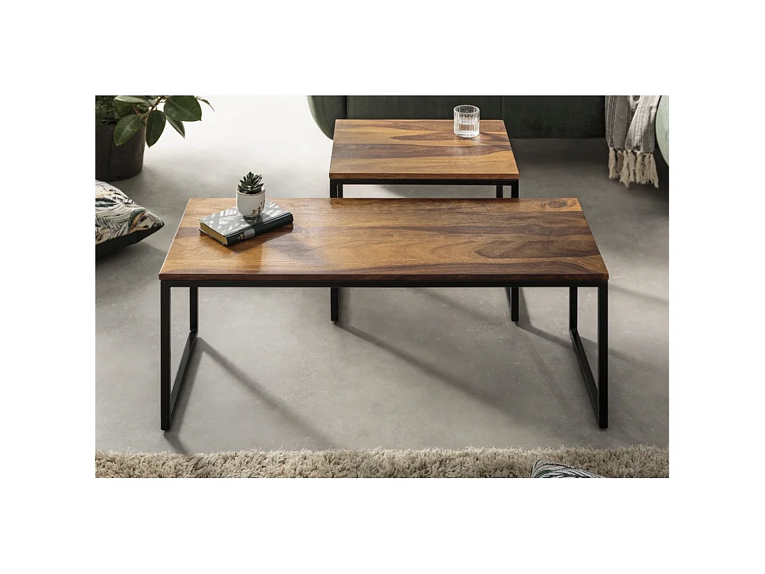 Mesas bajas apilables VORTEX de madera maciza Sheesham y metal negro – lote de 2 mesas diseño industrial