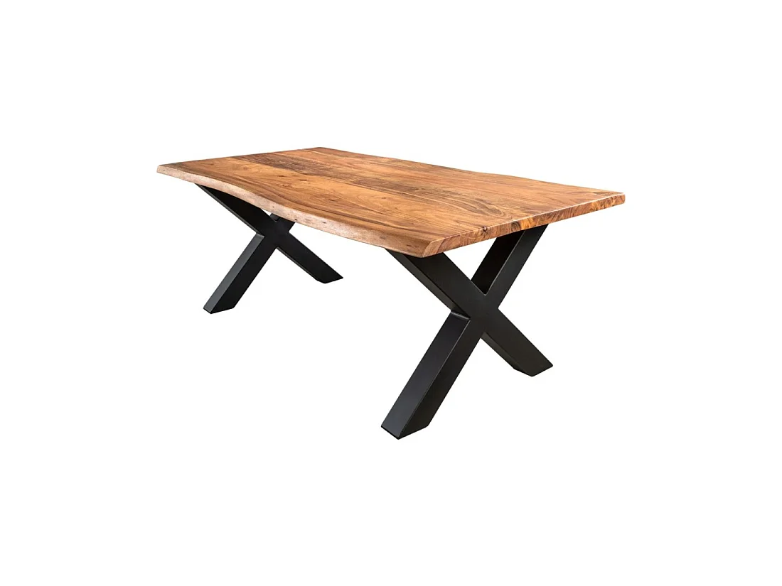 Couchtisch ARKAYA 120 cm aus massivem Akazienholz mit schwarzen Metallbeinen in X-Form