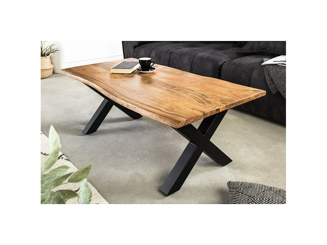 Couchtisch ARKAYA 120 cm aus massivem Akazienholz mit schwarzen Metallbeinen in X-Form