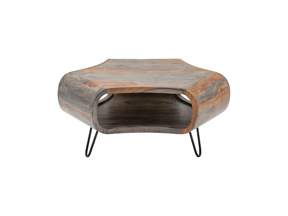 Mesa baja NERA 80 cm en madera maciza de Sheesham marrón y gris con nicho – diseño retro industrial