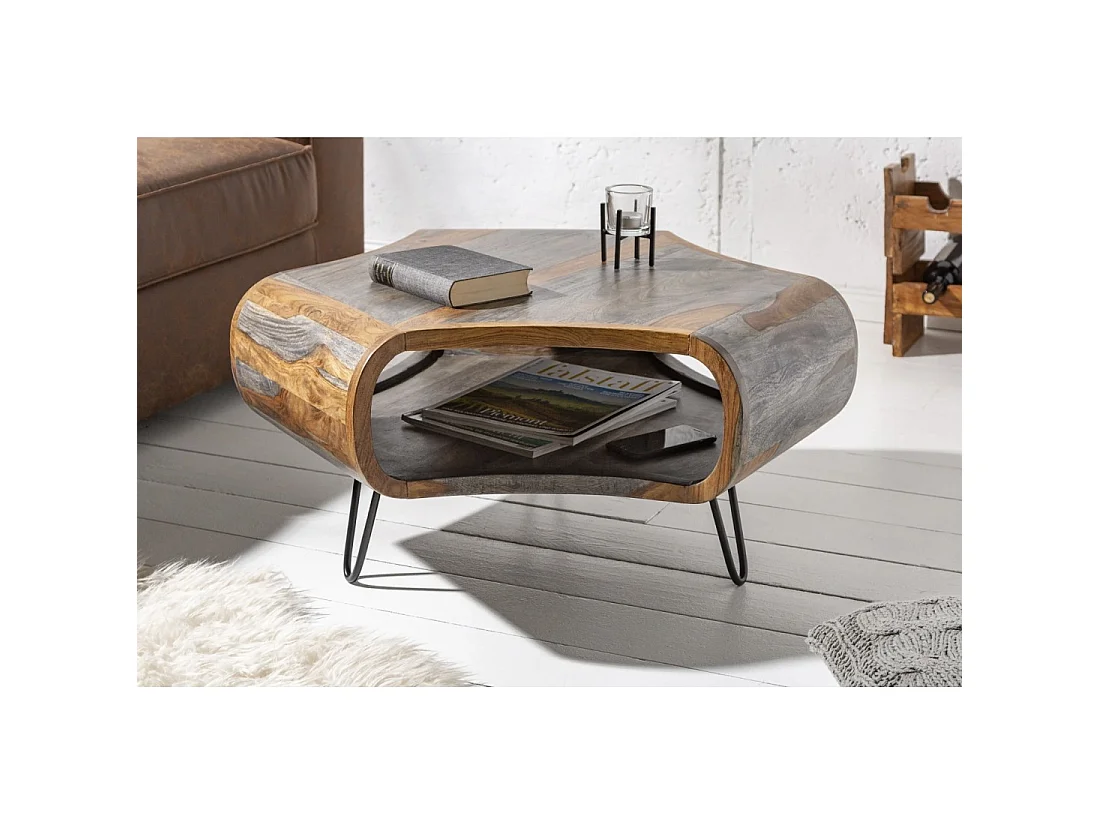 Mesa baja NERA 80 cm en madera maciza de Sheesham marrón y gris con nicho – diseño retro industrial