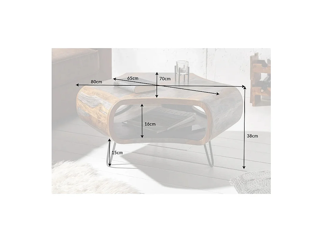 Mesa baja NERA 80 cm en madera maciza de Sheesham marrón y gris con nicho – diseño retro industrial