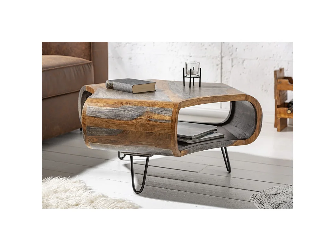 Mesa baja NERA 80 cm en madera maciza de Sheesham marrón y gris con nicho – diseño retro industrial