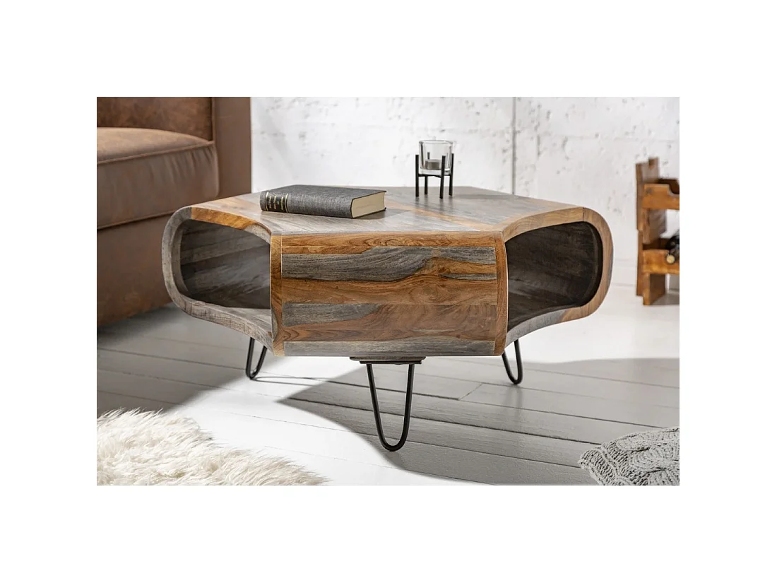 Mesa baja NERA 80 cm en madera maciza de Sheesham marrón y gris con nicho – diseño retro industrial