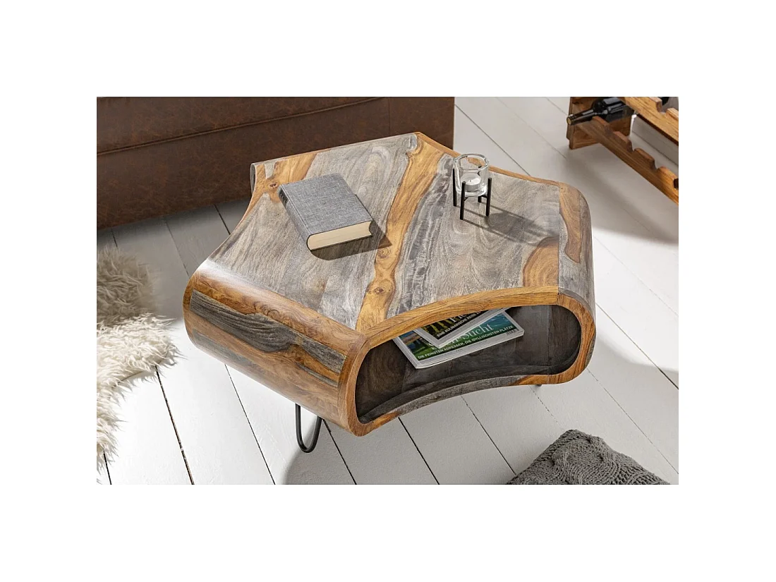 Mesa baja NERA 80 cm en madera maciza de Sheesham marrón y gris con nicho – diseño retro industrial