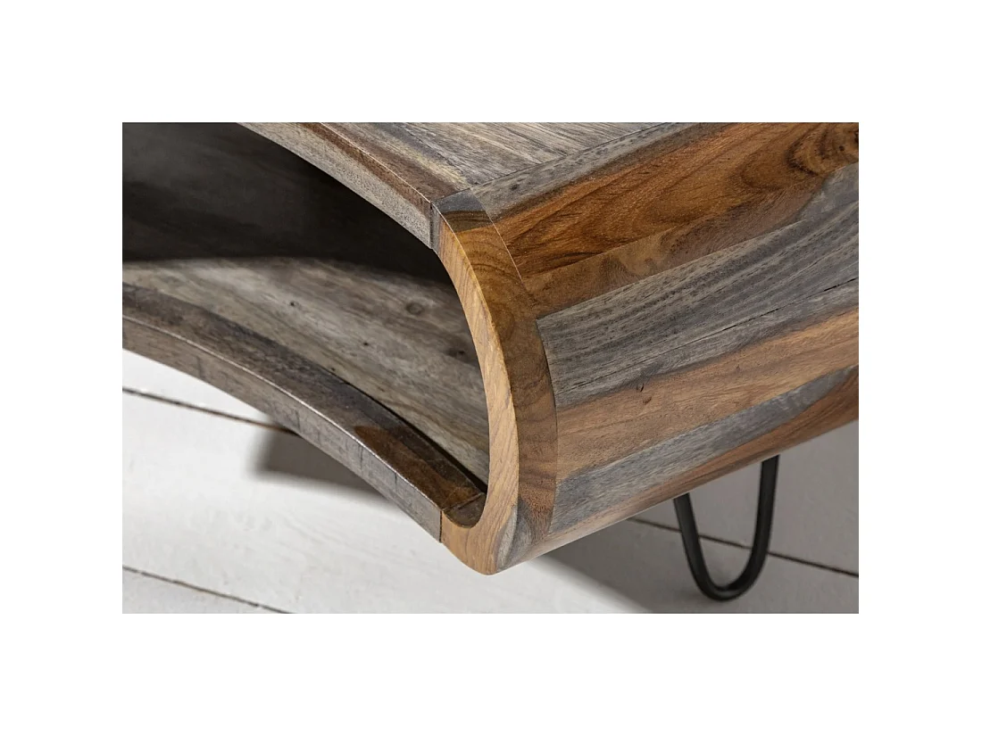 Mesa baja NERA 80 cm en madera maciza de Sheesham marrón y gris con nicho – diseño retro industrial