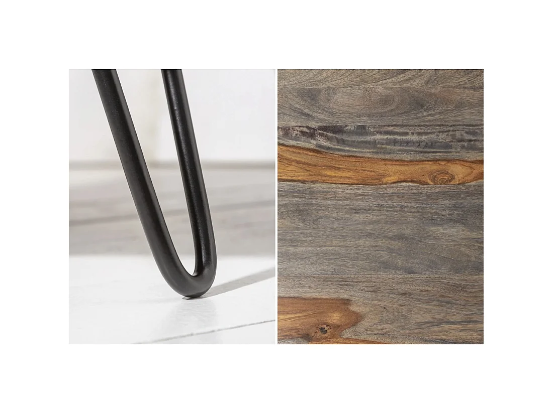 Mesa baja NERA 80 cm en madera maciza de Sheesham marrón y gris con nicho – diseño retro industrial