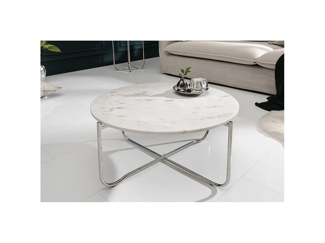 Ronde salontafel VINTORA wit marmer en zilverkleurig metaal - inklapbare tafel modern elegant design