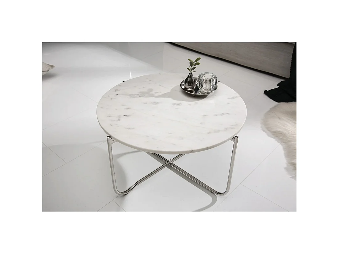Ronde salontafel VINTORA wit marmer en zilverkleurig metaal - inklapbare tafel modern elegant design