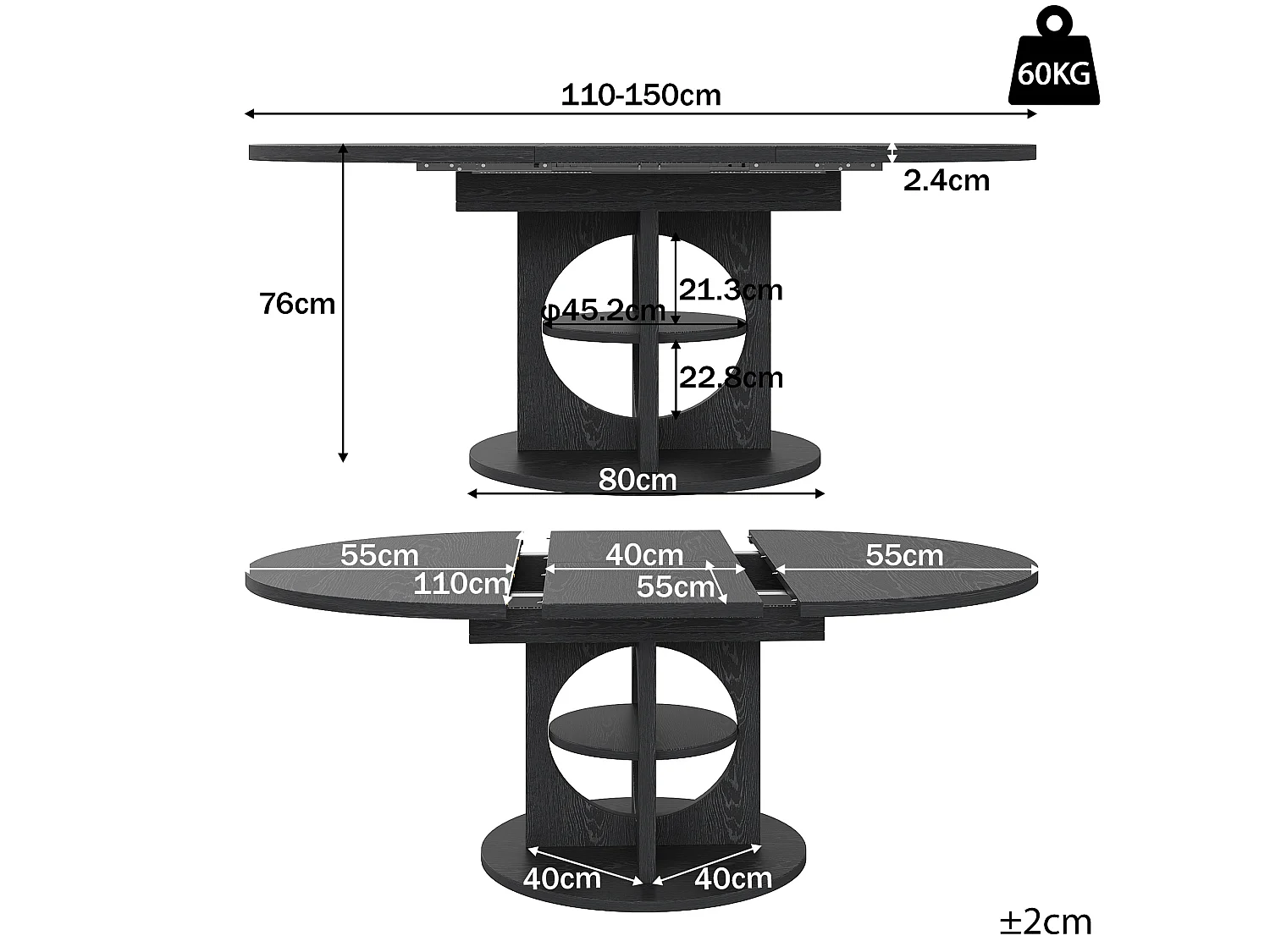 Runder ausziehbarer Esstisch oval 110-150 cm - mit offenen Regalen - Schwarz
