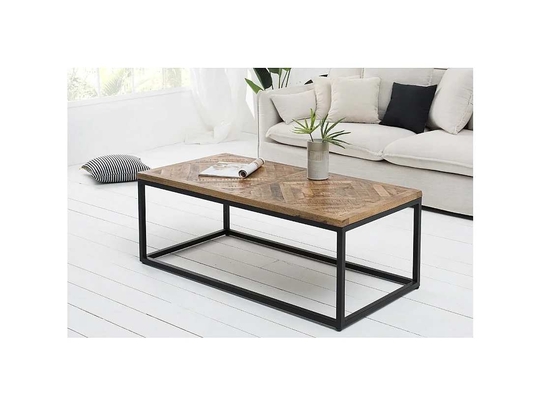 Couchtisch ZAREL 100 cm aus massivem Mangoholz und schwarzem Metall im Industriestil