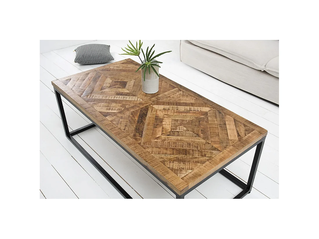 Couchtisch ZAREL 100 cm aus massivem Mangoholz und schwarzem Metall im Industriestil