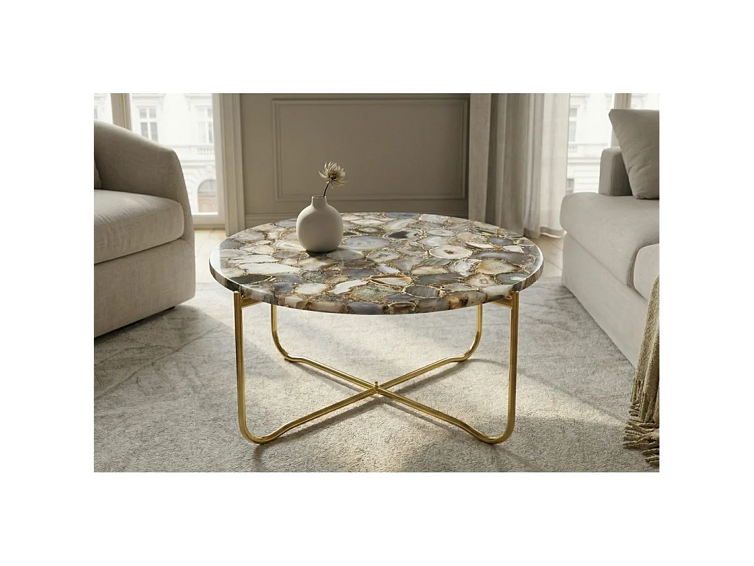 Ronde salontafel VINTORA veelkleurig agaat en goudkleurig metaal – moderne design luxe tafel