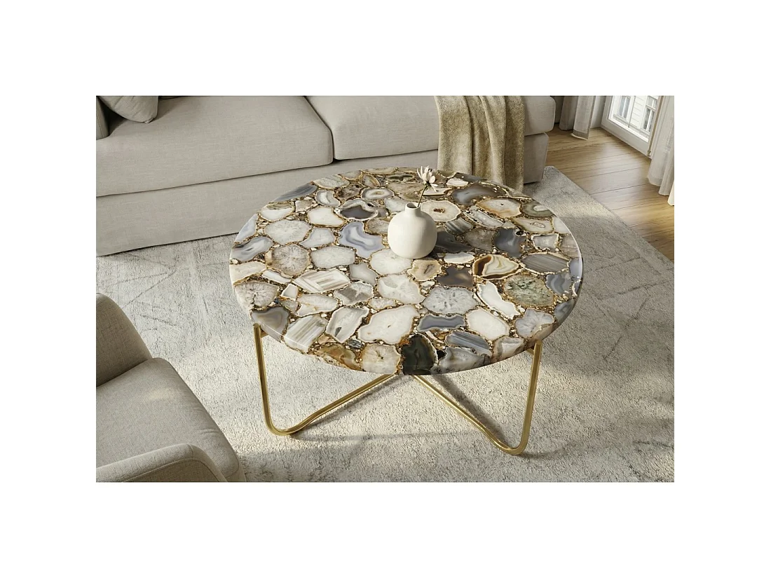 Ronde salontafel VINTORA veelkleurig agaat en goudkleurig metaal – moderne design luxe tafel