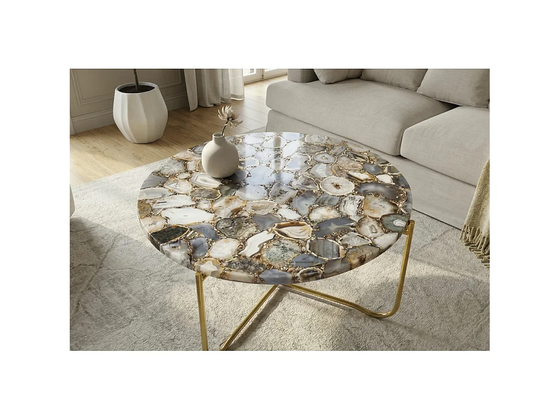 Ronde salontafel VINTORA veelkleurig agaat en goudkleurig metaal – moderne design luxe tafel