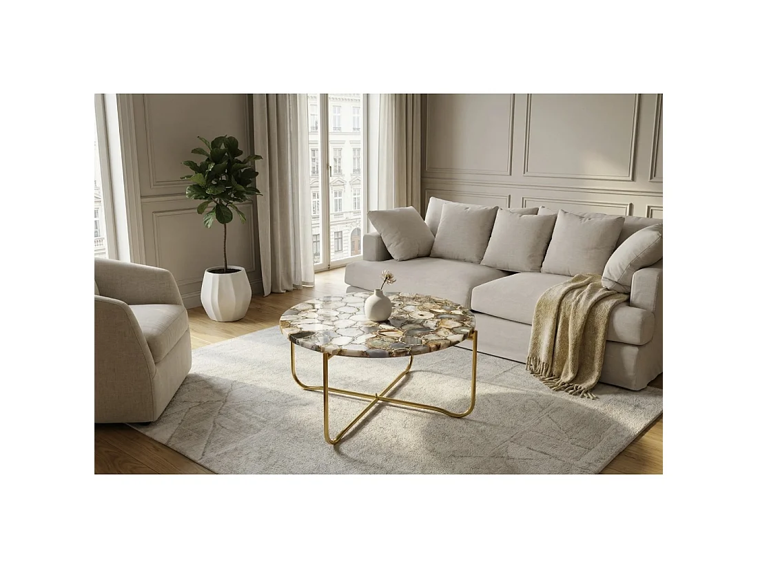 Ronde salontafel VINTORA veelkleurig agaat en goudkleurig metaal – moderne design luxe tafel