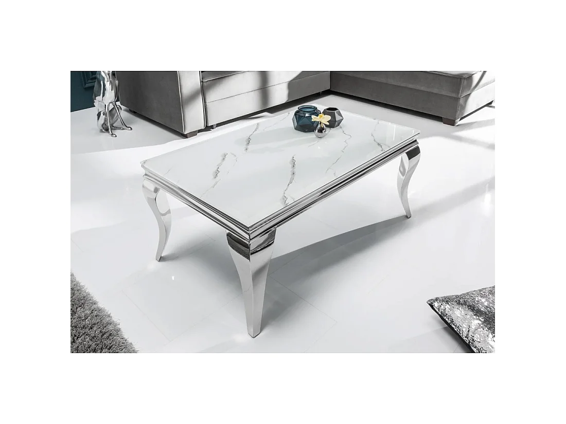 Tavolino basso VELENA 100 cm effetto marmo bianco con vetro temperato - Piedi curvi argentati