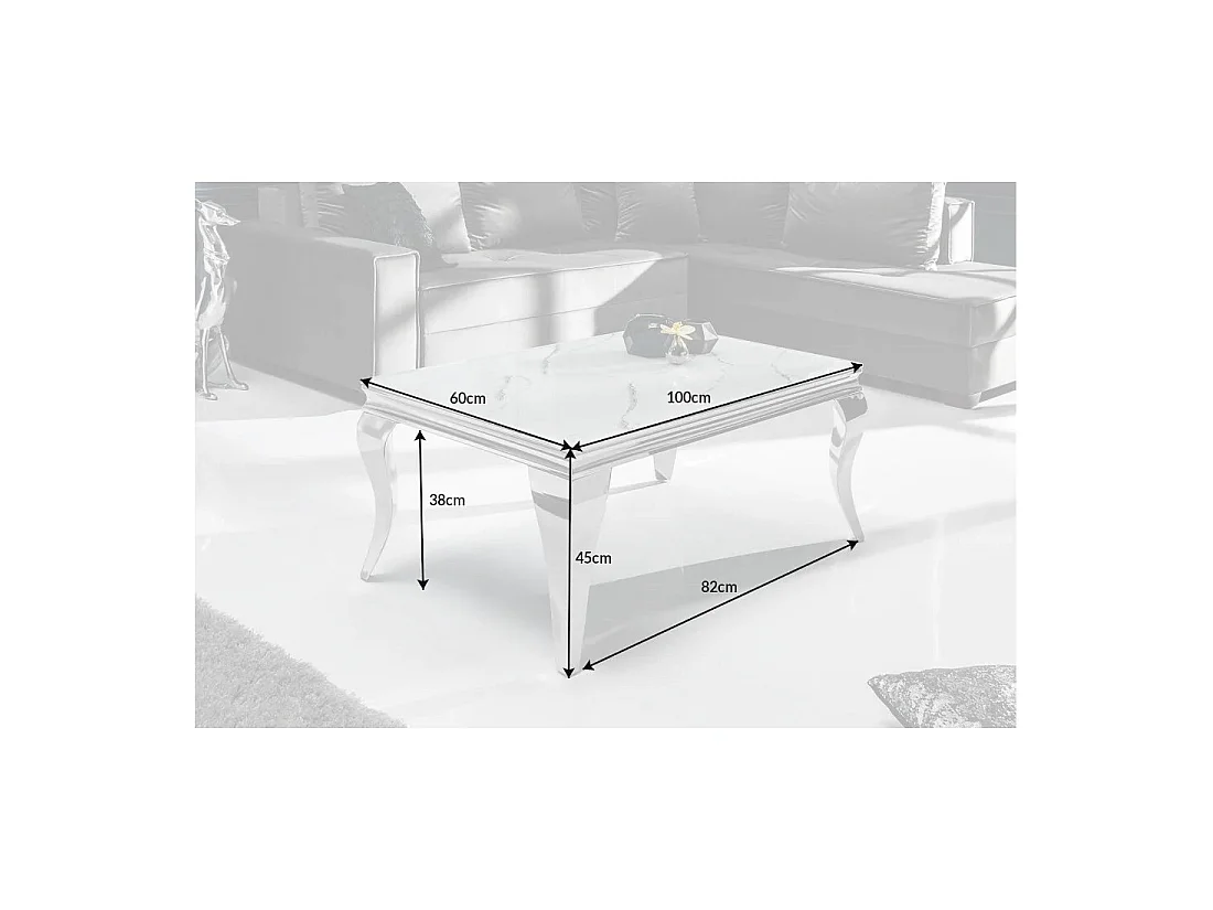 Tavolino basso VELENA 100 cm effetto marmo bianco con vetro temperato - Piedi curvi argentati
