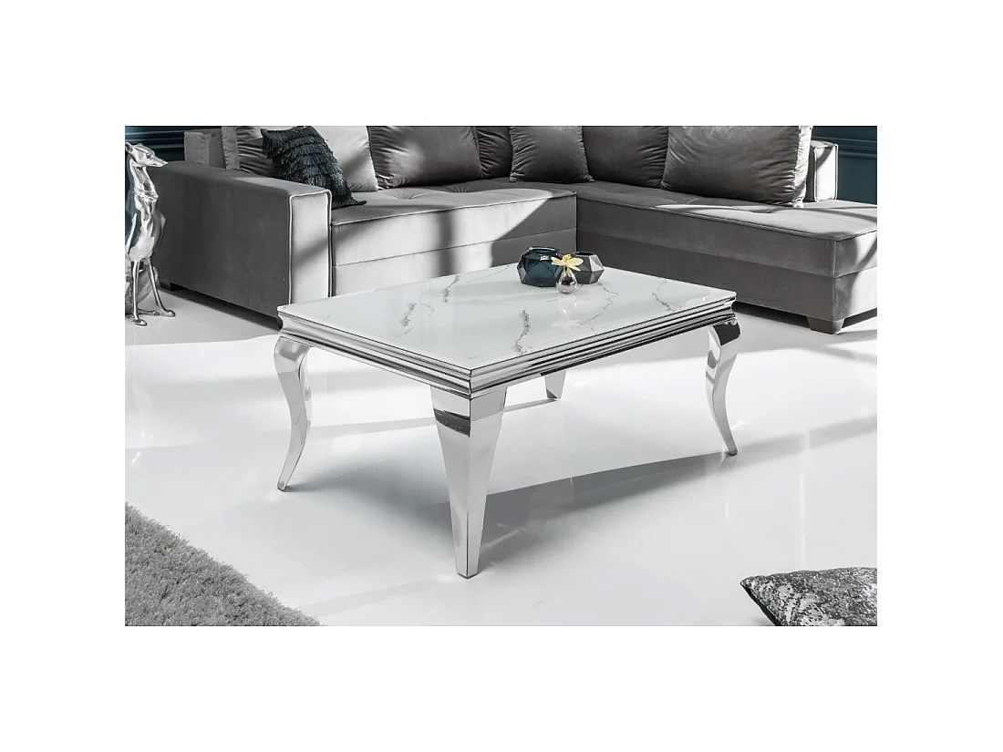 Tavolino basso VELENA 100 cm effetto marmo bianco con vetro temperato - Piedi curvi argentati