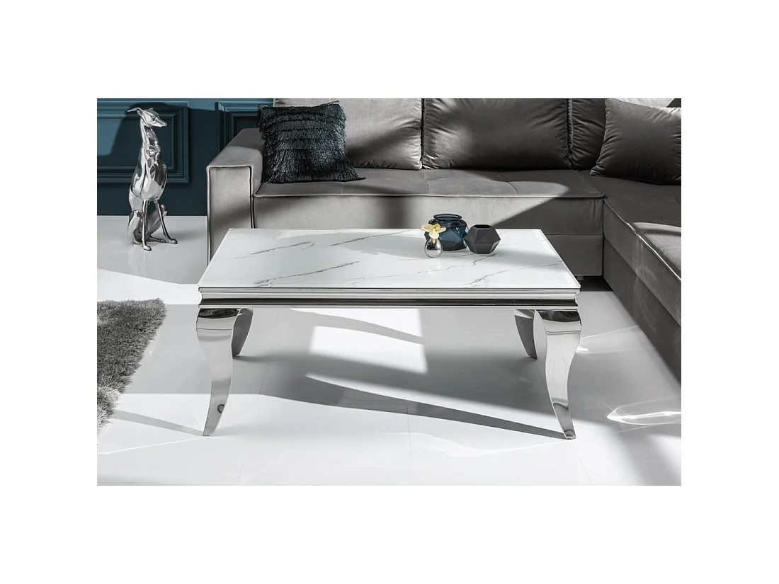 Tavolino basso VELENA 100 cm effetto marmo bianco con vetro temperato - Piedi curvi argentati
