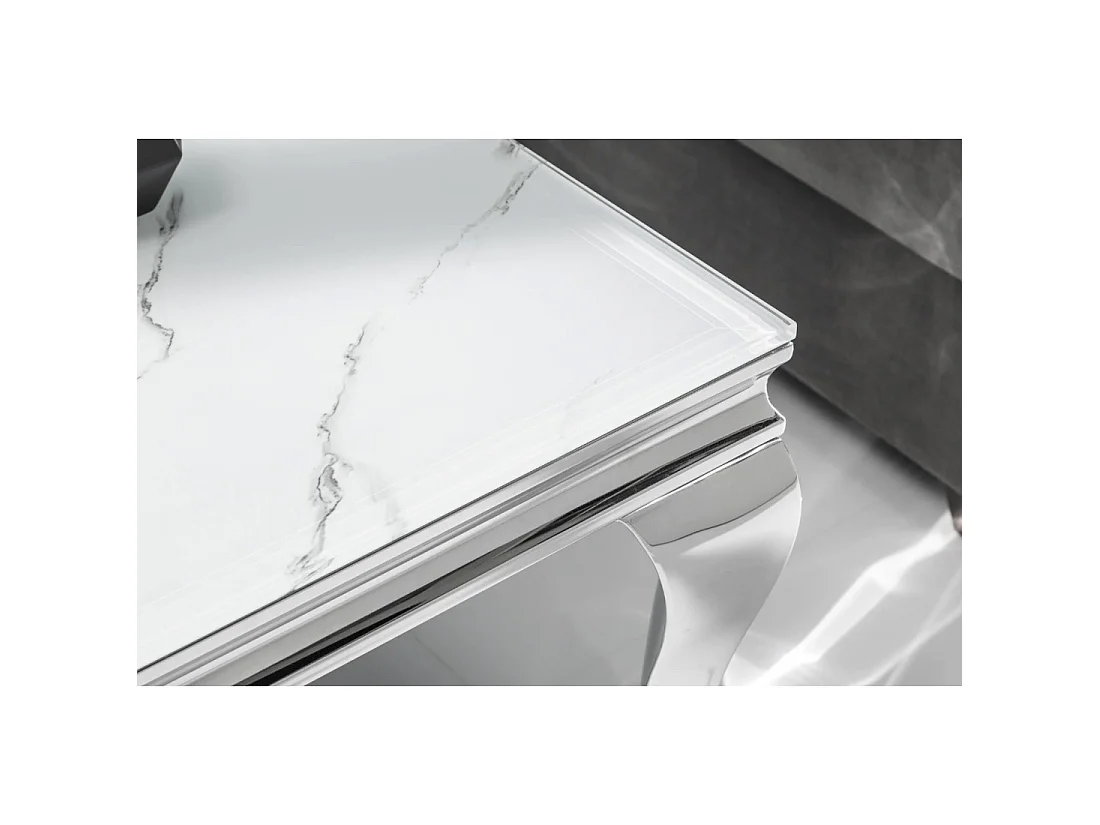 Tavolino basso VELENA 100 cm effetto marmo bianco con vetro temperato - Piedi curvi argentati