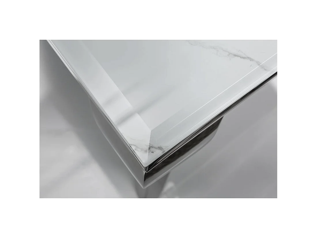 Tavolino basso VELENA 100 cm effetto marmo bianco con vetro temperato - Piedi curvi argentati