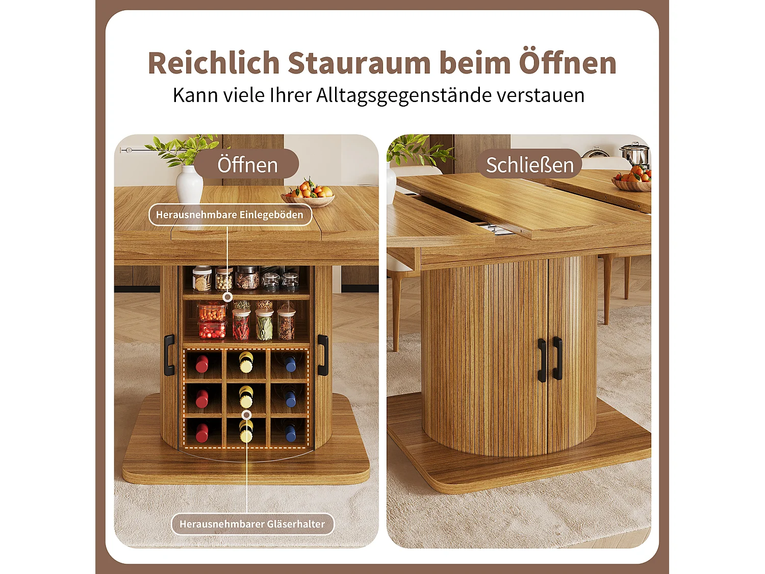 Ausziehbarer Esstisch 118–158 cm - mit Stauraum - mit abnehmbaren Regalen - Braun