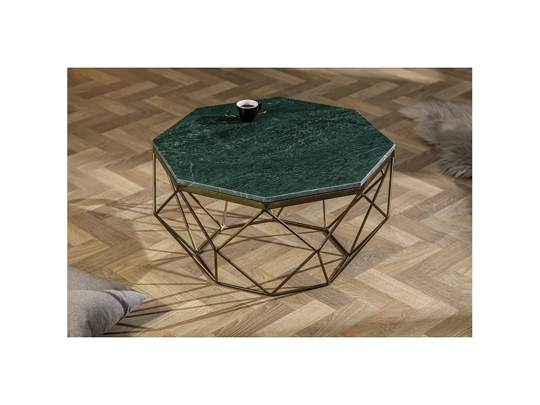Couchtisch NEXORA 70 cm aus grünem Marmor und Eisen mit Messing-Finish im geometrischen Design