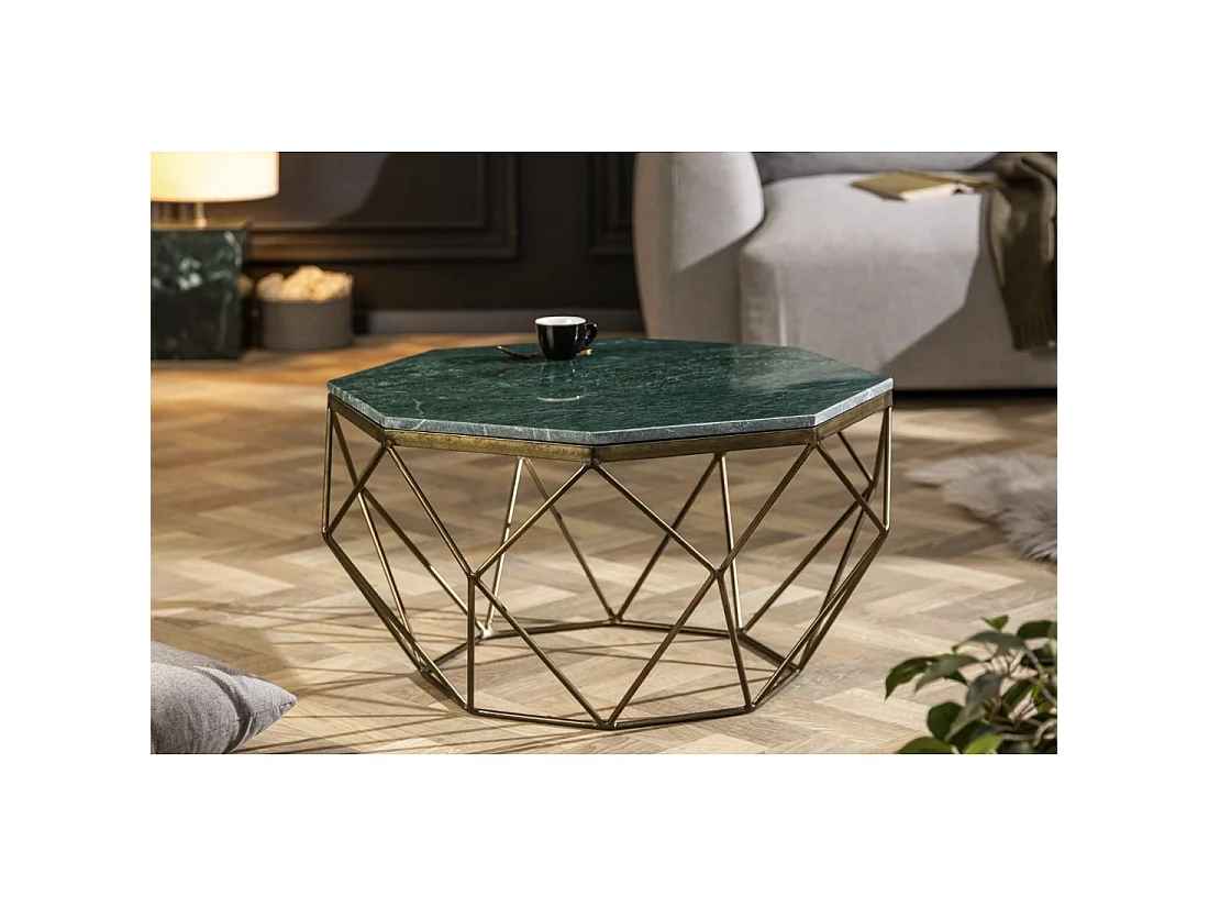 Couchtisch NEXORA 70 cm aus grünem Marmor und Eisen mit Messing-Finish im geometrischen Design