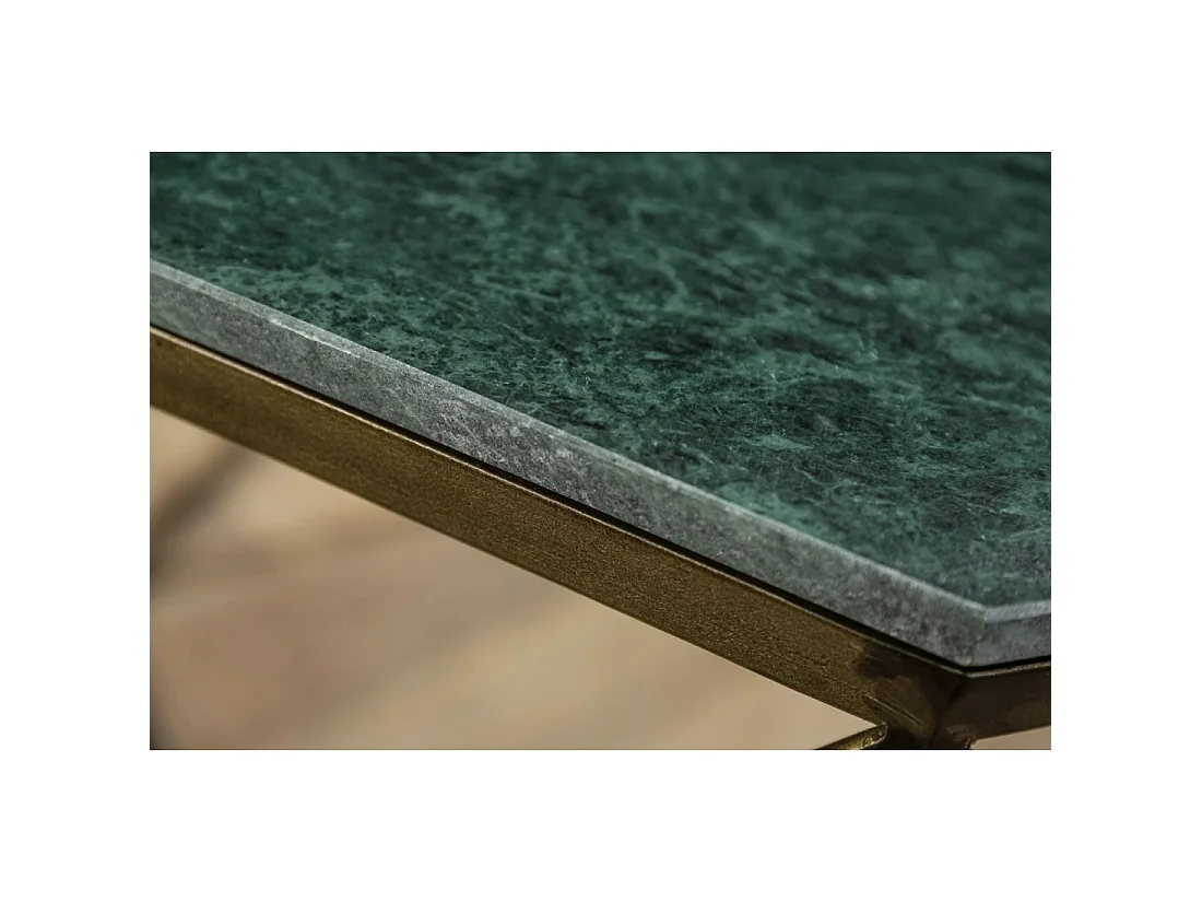 Couchtisch NEXORA 70 cm aus grünem Marmor und Eisen mit Messing-Finish im geometrischen Design