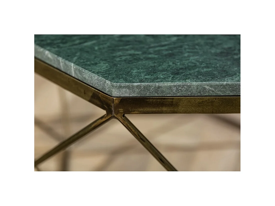 Couchtisch NEXORA 70 cm aus grünem Marmor und Eisen mit Messing-Finish im geometrischen Design