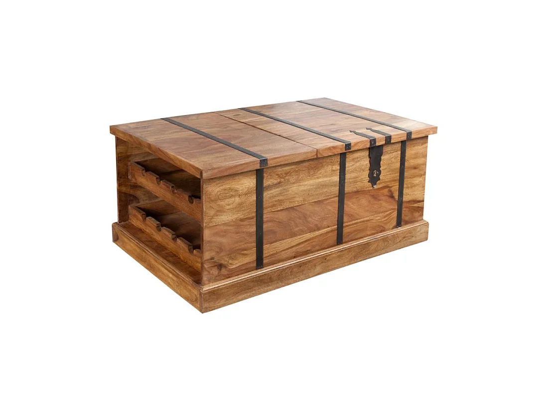 Mesa baja cofre TRESORO de 100 cm en madera de Sheesham maciza con almacenamiento para botellas