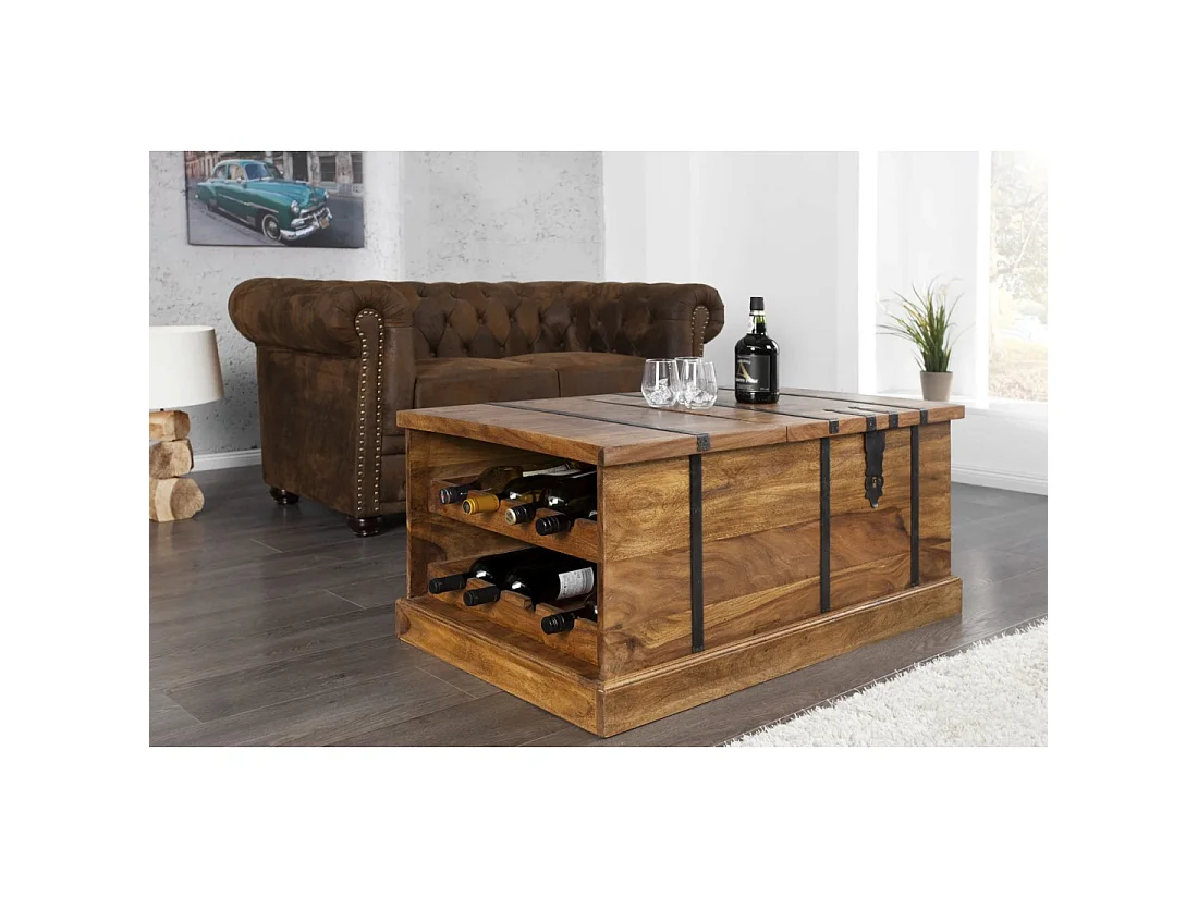 Mesa baja cofre TRESORO de 100 cm en madera de Sheesham maciza con almacenamiento para botellas