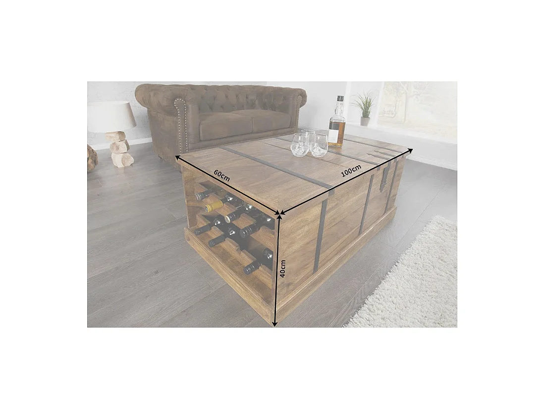 Mesa baja cofre TRESORO de 100 cm en madera de Sheesham maciza con almacenamiento para botellas