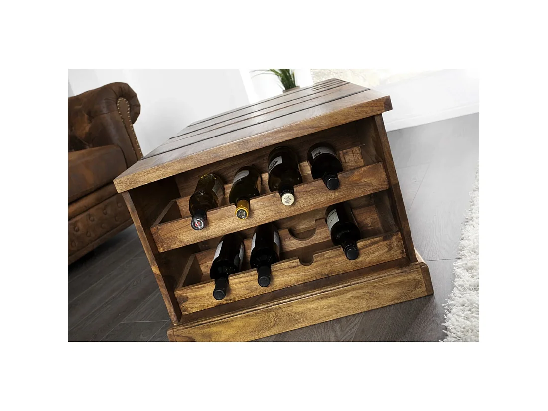 Mesa baja cofre TRESORO de 100 cm en madera de Sheesham maciza con almacenamiento para botellas