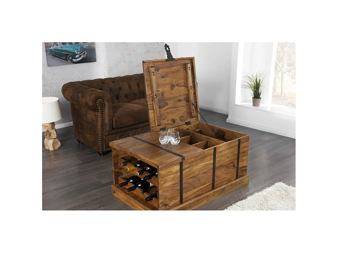 Mesa baja cofre TRESORO de 100 cm en madera de Sheesham maciza con almacenamiento para botellas