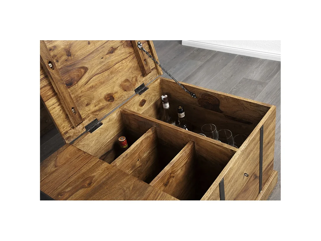 Mesa baja cofre TRESORO de 100 cm en madera de Sheesham maciza con almacenamiento para botellas