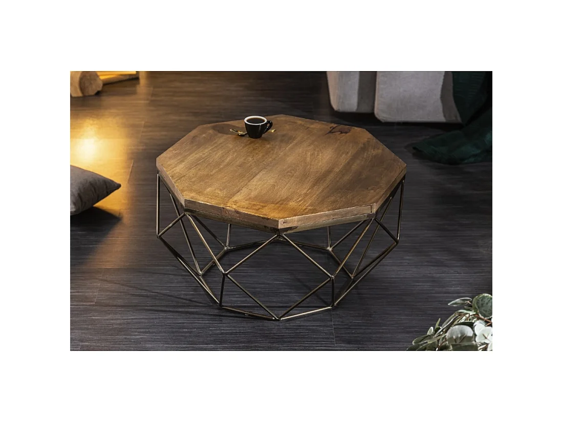 Couchtisch NEXORA 70 cm aus massivem Mangoholz und schwarzem Eisen im geometrischen Design